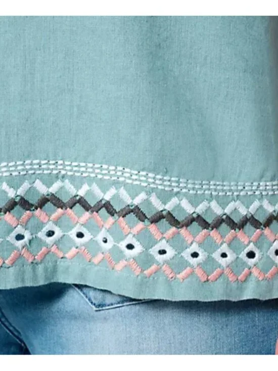 Denim & Co. Women's Top Sz 2X Naturals Linen Blend Black Embroidered A644104 - Picture 4 of 5